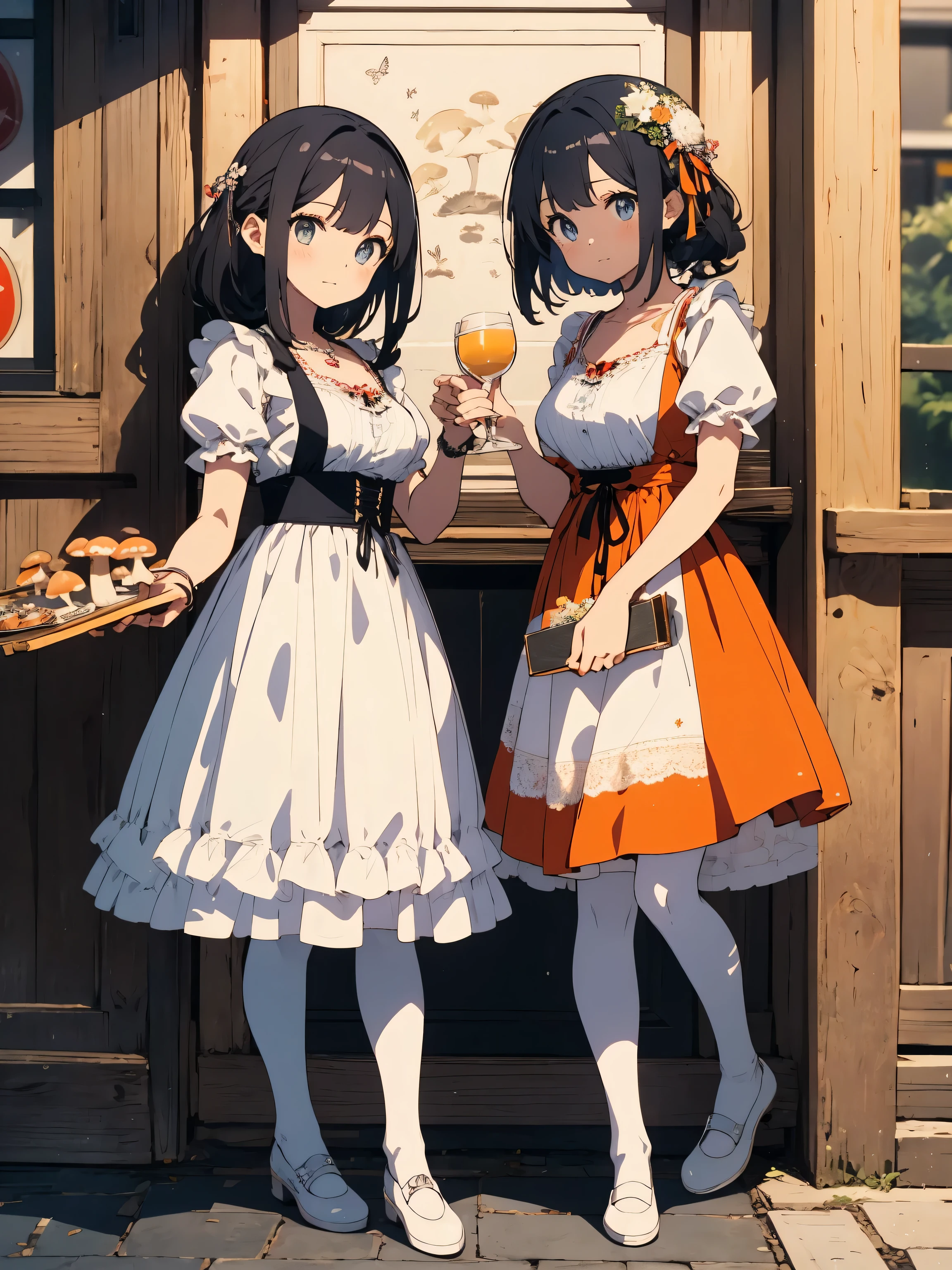 (highest quality、masterpiece、High resolution、detailed)、(Shining eyes、detailed beautiful face)､1girl,
BREAK,
 wearing an orange dress with white lace detailing, (mushroom:1.2), a white blouse, (dirndl), white flat shoes, and light-colored stockings, holding a tray with two cups, Beautiful anime characters