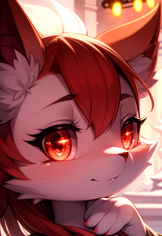 furry, white fur, ultra cute face, ultra long eyelashes, expressive, red elements on fur, glowing t-shrt, beautiful lights and shadows, ambient light, ultra detailed fur, ultra HD, masterpiece, epic, highly detailed, neon highlights, chiaroscuro