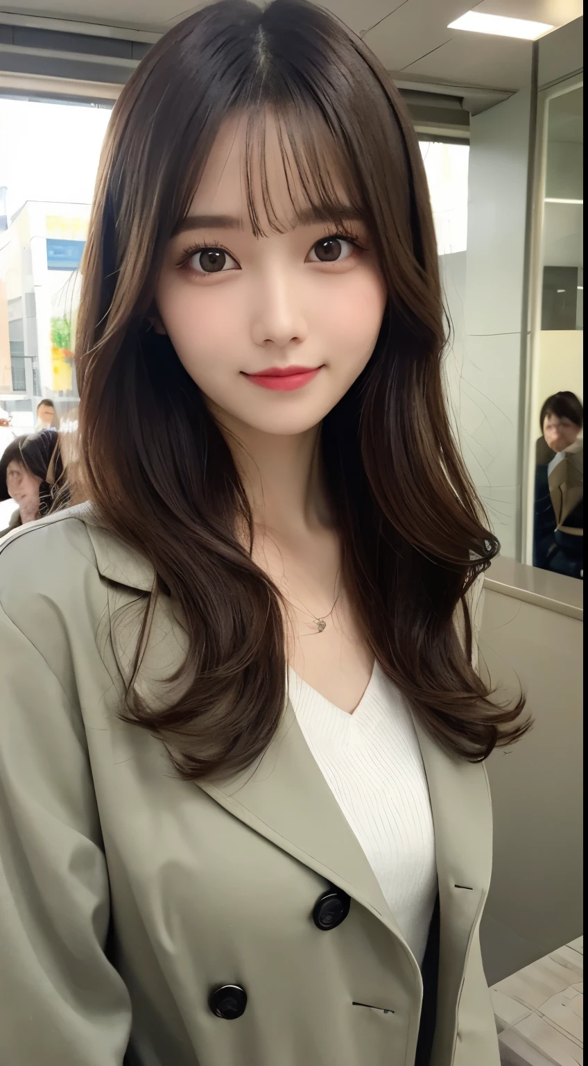 table top, highest quality, shape, Super detailed, finely, High resolution, 8k wallpaper, 完璧なダイナミックな構shape, beautiful and detailed eyes,ランダムなcute髪,,natural color lip, bold sexy pose,smile、20 year old girl、cute、sexy shot looking at camera,Always blur the background,perfect and beautiful face,Take only the face,Beautiful and dense face、slim face and style,Big eyes、Do gal makeup,small face,wear a spring trench coat、shot from below、smile,Inside Tokyo Station,blurred background,white blouse