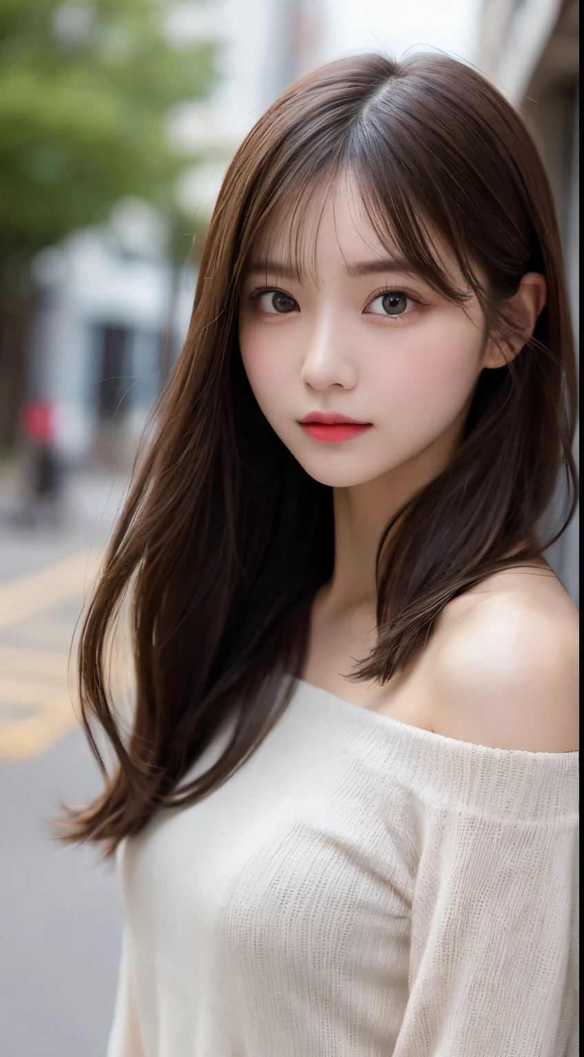 table top, highest quality, shape, Super detailed, finely, High resolution, 8k wallpaper, 完璧なダイナミックな構shape, beautiful and detailed eyes, Nice spring clothes,beautiful straight hair,small breasts,natural color lip, 20 year old girl、cute、look at the camera,Always blur the background,perfect and beautiful face,Beautiful and dense face、slim face and style,Big eyes、Do gal makeup,real photos(best image quality)、woman'face、fashion model pose、Step away from the camera and take a full body photo、笑face、off shoulder,You are a top fashion model。最高の笑faceを見せてください