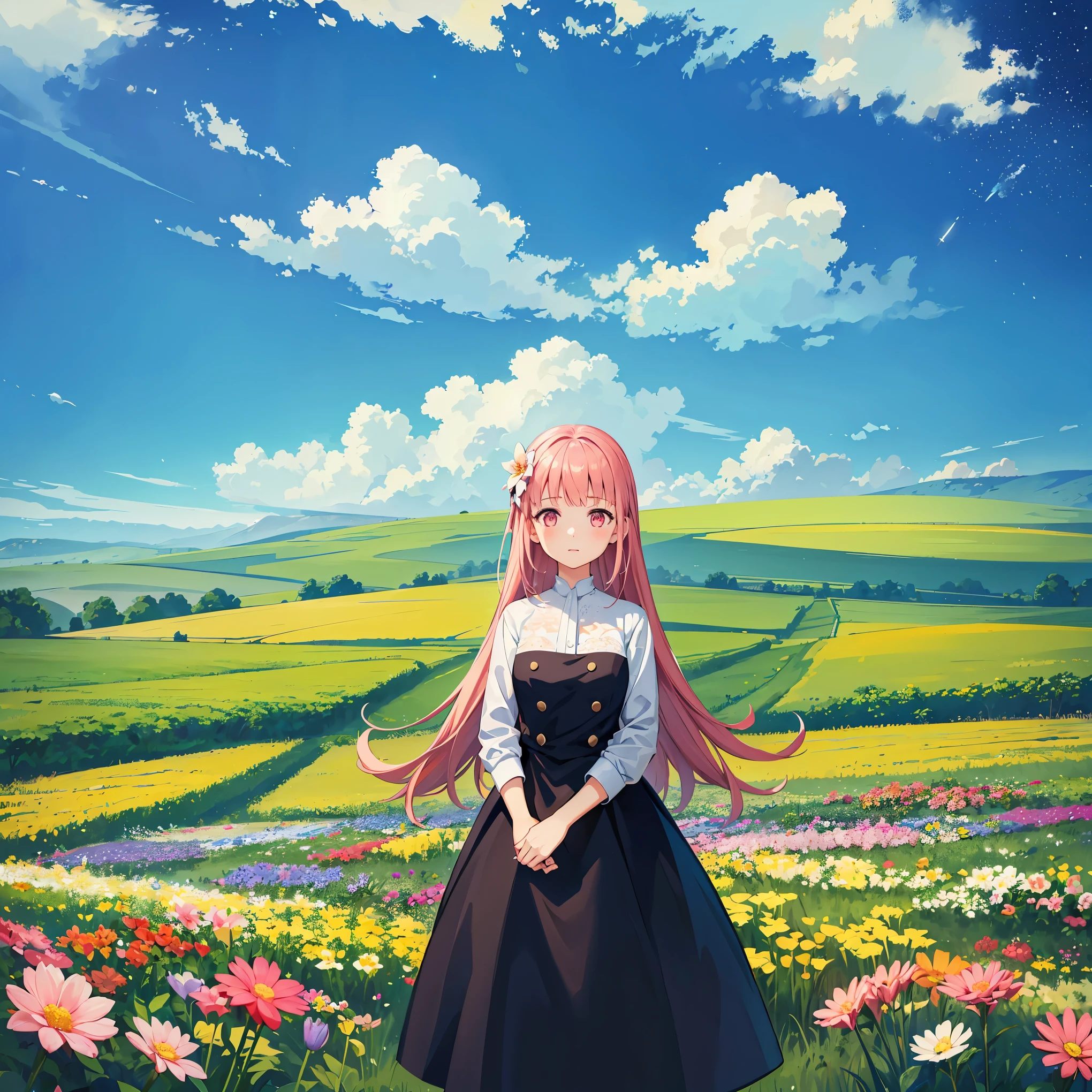 There is a girl standing in a flower field looking up at the sky, a girl standing in a flower field, a girl walking in a flower field, lost in a dreamy wonderland, standing in a flower field, fantastic digital painting, the sky gradually clears, the starry sky gradually recedes  