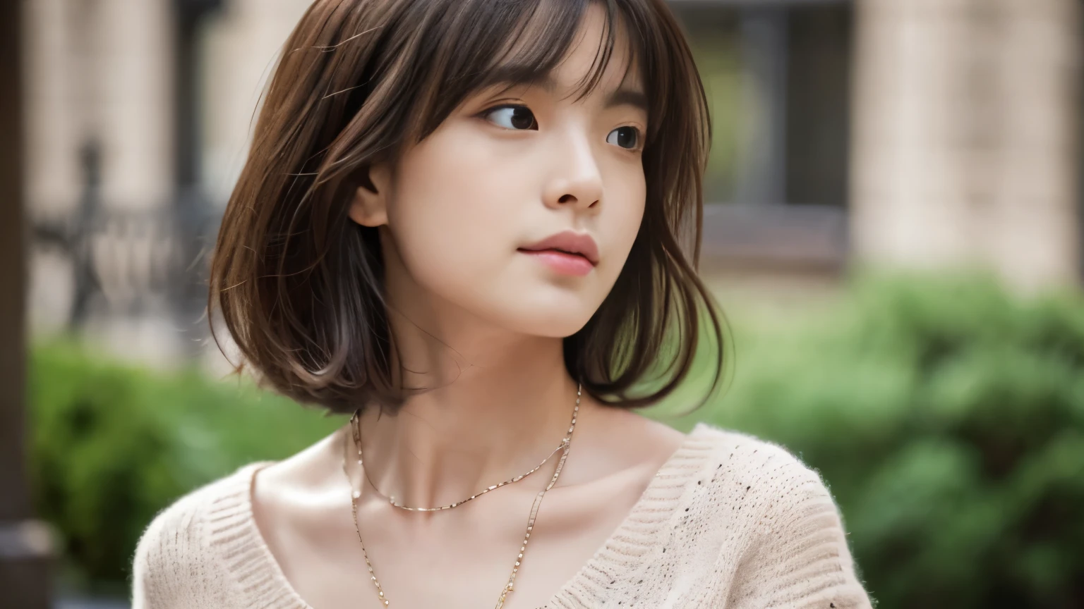 (highest quality、8K、32k、masterpiece、nffsw:1.2)、cute日本人女性の写真、very short bobbed hair、Upper body、surface focus、extra large_sweater、necklace、cafe background、Search for viewers x4、(8K、Raw photo、highest quality、masterpiece:1.2)、(realistic、Photoreal:1.37)、1 girl、cute、professional lighting、photon mapping、Physically based rendering、gradient brunette hair、short curly hair、good looking、excellent image quality、High resolution、1080p、(pretty face)、(Detailed facial description)、(Detailed Hand Explanation)、(Masseter muscle part)、(Detailed CG)、 extreme light and shadow、hair is dirty、masterpiece、Rich details、(exquisite features)、(best image quality)、(masterpiece)、(detailed eye)、delicate clavicle、various poses、Don&#39;don&#39;t look at the camera、profile、Photographed inside the cafe、spring clothes、simple necklace、knit