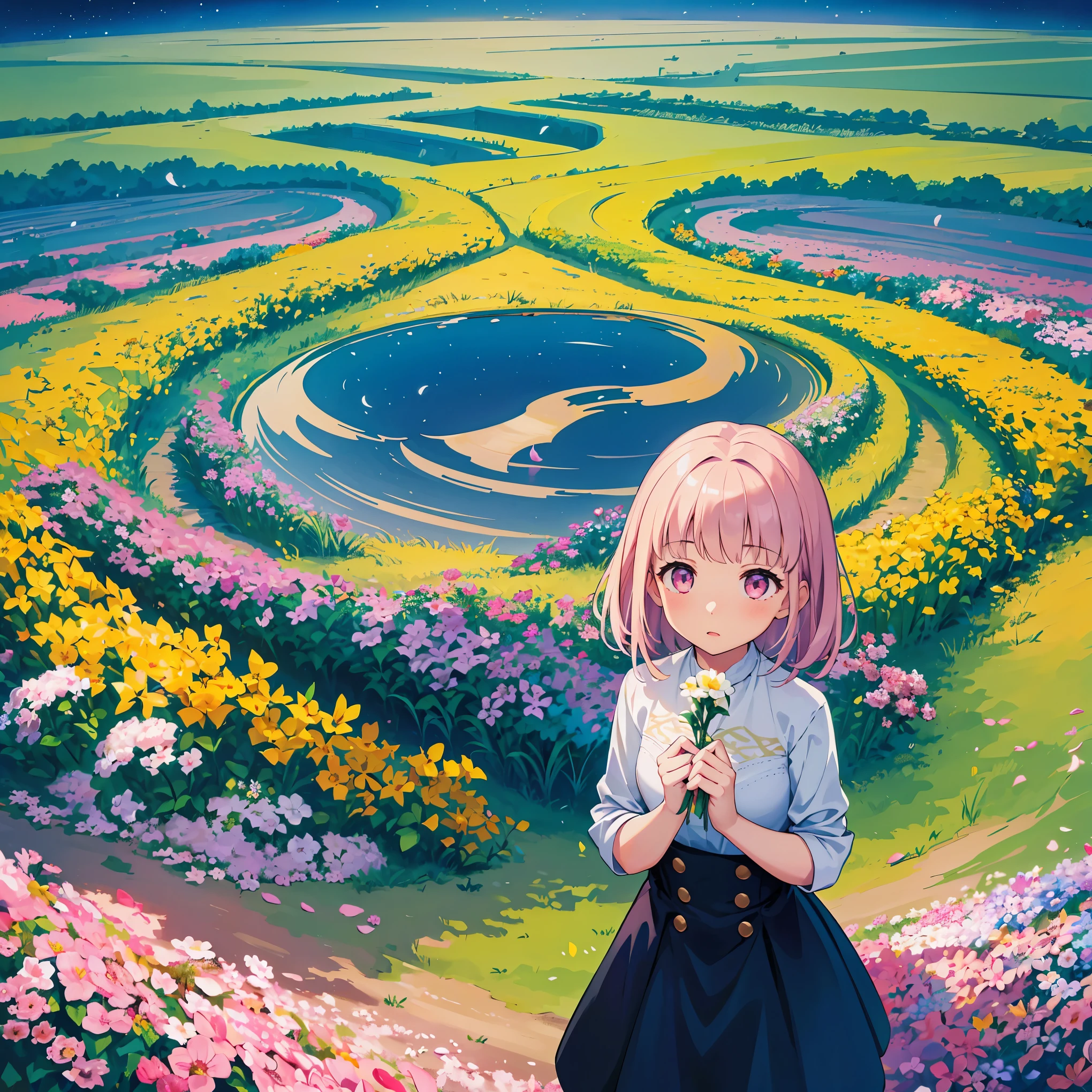 There is a girl standing in a flower field looking up at the sky, a girl standing in a flower field, a girl walking in a flower field, lost in a dreamy wonderland, standing in a flower field, fantastic digital painting, the sky gradually clears, the starry sky gradually recedes  