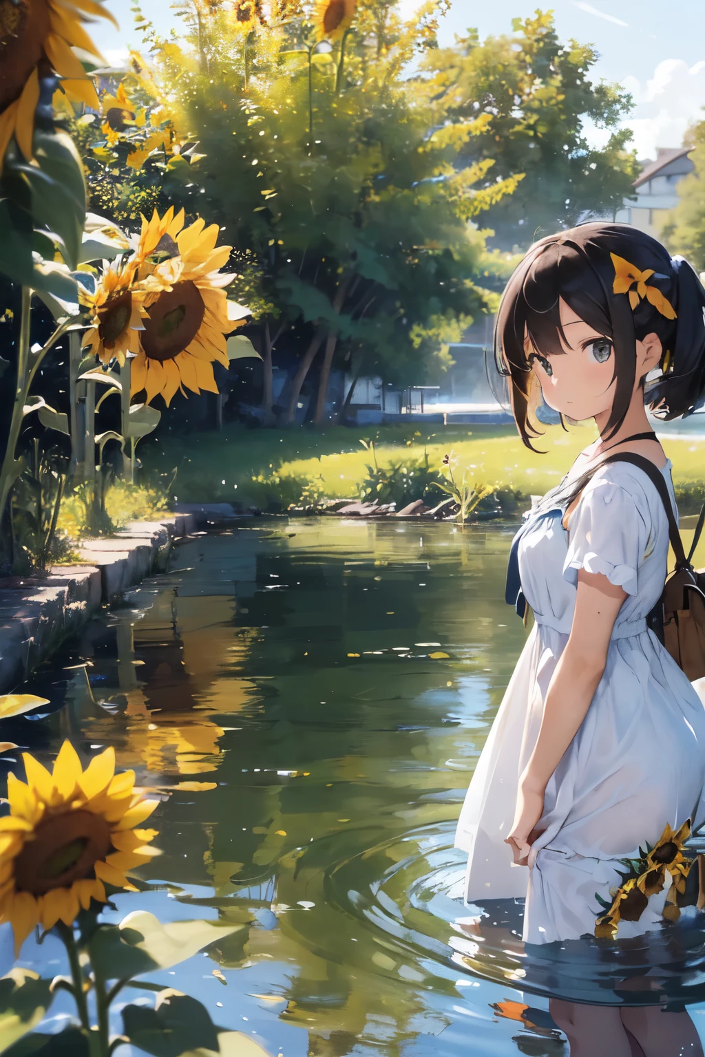 (Young girl walking by the river --s2), ((Detailed and expressive portrait), One girl, By the serene water's edge, (Relaxed and contemplative expression), (Flowing, long dress), (Sunlight glinting on the water), (Reflections on the water's surface), (Natural scenic beauty), (Impressionist style), Monet-inspired, (Soft and gentle colors), (Calming and peaceful atmosphere), (Sunflowers in the background), (Viewing the scene intently), (Nature exploration), (Summer day), (Outdoor adventure).