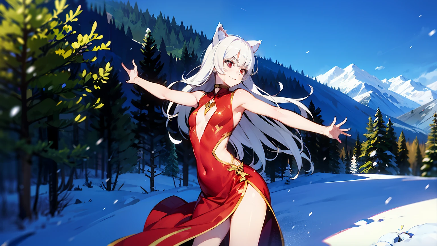 Holo, white hair, red eyes, serious expression, early twenties, , cat ears, dynamic posture, dancing, field of snow, smiling, realistic, full of snow,, red dress, big chest, hot, cute, snowy mountain landscape