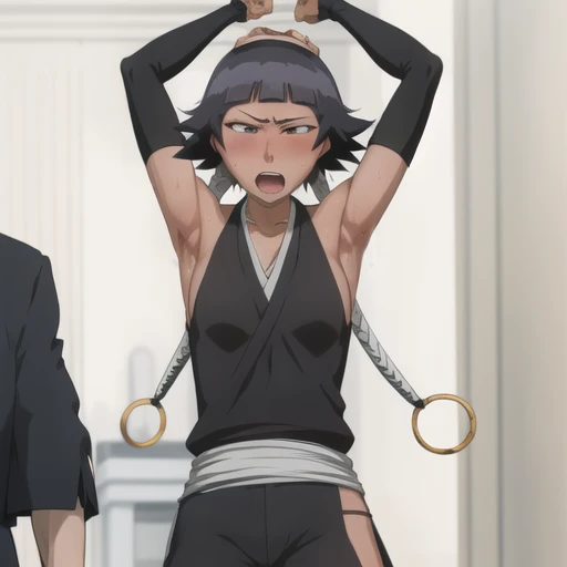 ( Animation screenshots:1.1),outdoor, 
1 girl, alone, black hair, side breasts,eternal, short hair with long locks, japanese clothing, - Hip vents, no underwear,short hair, small breasts, (white eyes:1.1),No eyeballs, Also available in black, No headwear,low double braids,Face the audience, looking at the audience, tired, from below, (Show armpits:1.3), Sexy, Sweat dripping, More and more sweat,(ahegao), (Roll your eyes), naughty face, blush, open mouth, Sticking out tongue, saliva, sloppy person,Runny nose,skinny, raise arms, (arms above head:1.5)