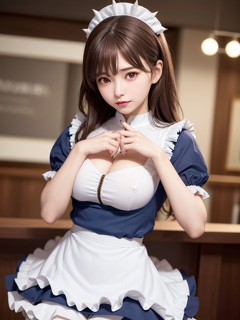 ((16 Nights Sakiya)), ((desire to project)), cosplay, 20 year old female, (((brown hair)), ((medium spiky hair)), ((Blue Maid Outfit)), big breasts,((white blouse)), middle of chest, (light)))), (stop temporarily))), (realistic pictures: 1.3), rim lighting, (high detail skin:1.2), 8K UHD, Digital single-lens reflex camera, high quality, High resolution, 4k, 8K, Bokeh, confused, Optimal ratio of 4 fingers and 1 thumb, (genuine:1.3), One of the cutest girls, lots of knives