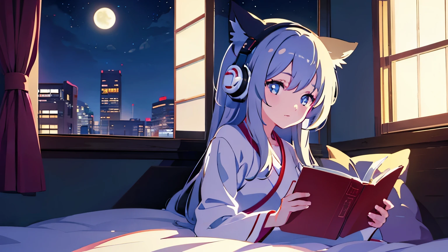 Beautiful girl reading a book in bed while listening to music through headphones Night view and moon in the window coffee Cat Japanese anime style
