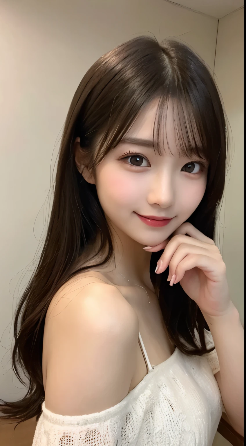 table top, highest quality, shape, Super detailed, finely, High resolution, 8k wallpaper, 完璧なダイナミックな構shape, beautiful and detailed eyes, Nice spring clothes,beautiful straight hair,small breasts,natural color lip, 20 year old girl、cute、look at the camera,Always blur the background,perfect and beautiful 顔,Beautiful and dense 顔、slim 顔 and style,Big eyes、Do gal makeup,real photos（best image quality）、fashion model pose、Step away from the camera and take a full body photo、smile、off shoulder,You are a top fashion model。最高のsmileを見せてください