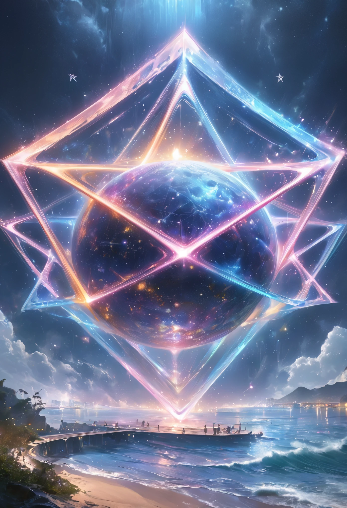 (best quality,,high resolution,masterpiece:1.2), Magical scenery at sea,方形结构中间有一个巨大的Pentagram structure,,(Pentagram structure:1.5),Large square structure,巨大的Pentagram structure,realism | bipur, bipur daily art, alien architecture, futuristic architecture art, bipur. hyperrealism, bipur |, bipur!!, 通过bipur, bipur style, bipur masterpiece, inspired by starry night