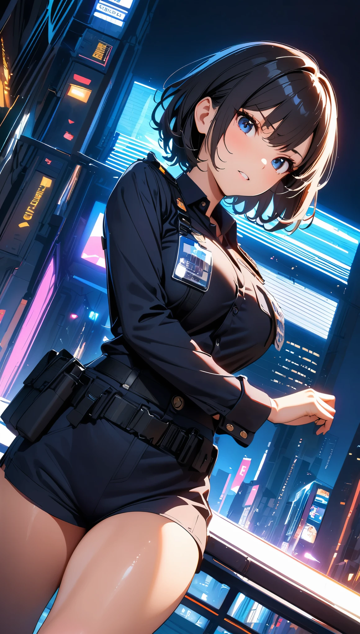 (high quality, 8k, 4k, high contrast, masterpiece:1.2, best quality, best aesthetics), (dynamic angle), Sexy female police officer, Detailed face and body, Beautiful breasts, confident look, (black hair, short hair), Shiny black uniform, Tactical belt with equipment, Glossy Badges and Name Tags, Holding a gun, Standing in a dynamic pose, dutch angle, Flashing police car lights against cityscape background,