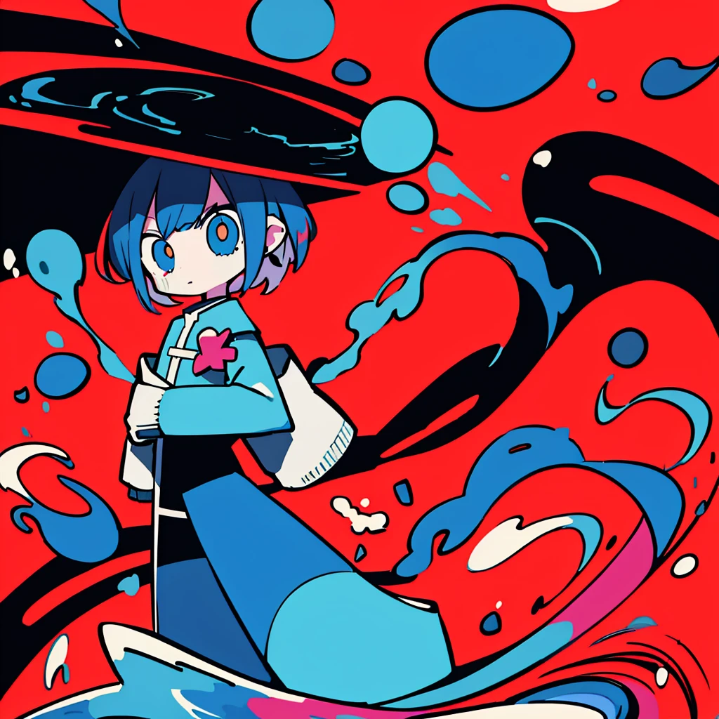 (Ultra Detailed,Ultra High Definition,Detailed Background),((2D)),((Flat Color)),((Colorful)),(((Floating Colorful Water))),2 Bullets,1 Girl,Solo,Watch Viewer,Break