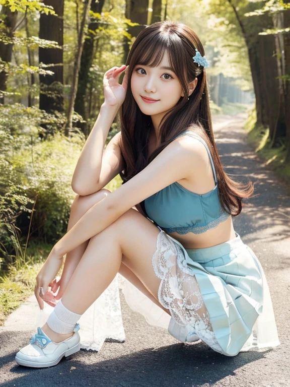 one woman、japanese woman、20-year-old beauty、professional lighting、medium long hair、brunette colored hair、brook in the forest、A sheer slip、Pastel blue lace underwear、mini skirt、High resolution、gentle expression、fascinating eyes、no makeup、Cute smile like an idol、loose lips、catch light、Foot-to-foot display、hair fluttering in the wind、Show women smaller、Beautiful legs extending from the skirt、Show from skirt to knee、Use a reflector to bring light to your face、Sitting pose with buttocks on the ground、Stretch your legs gently、look at camera