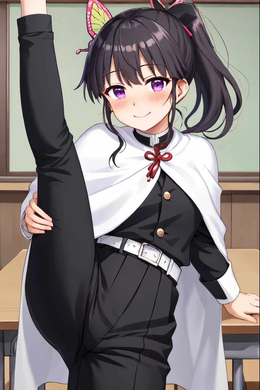 kanaotsuyuri, kanao tsuyuri, black hair, butterfly, butterfly hair ornament, (purple eyes:1.1), side ponytail, ponytail, blush、embarrassed、Smile and destroy black skirt, cape, demon slayer uniform, long sleeve, Pleated trousers, Combat trousers、black pants, jeans、white cape,
壊す looking at viewer,
destroy indoors, classroom,kick、Lift your legs、high kick、廻しkick