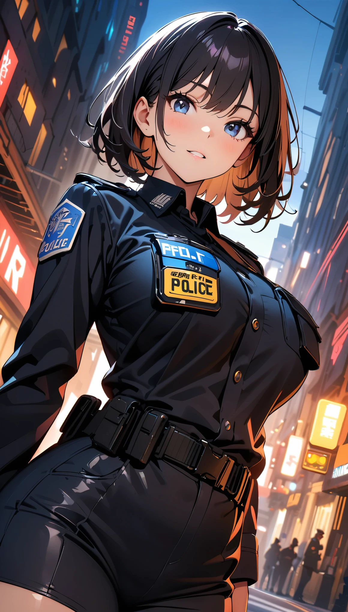 (high quality, 8k, 4k, high contrast, masterpiece:1.2, best quality, best aesthetics), (dynamic angle), Sexy female police officer, Detailed face and body, Beautiful breasts, confident look, (black hair, short hair), Shiny black uniform, Tactical belt with equipment, Glossy Badges and Name Tags, Carrying a small handgun, Standing in a dynamic pose, dutch angle, Flashing police car lights against cityscape background,