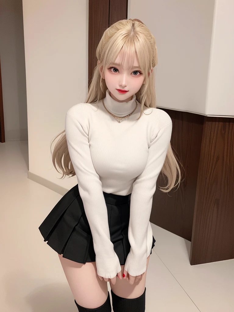 Super high quality, super high definition, super detailed, masterpiece, 20 years old, female, cute, nice body, perfect face, beautiful, white knit sweater, winter clothes, pleated skirt, red and black checked skirt, long skirt,necklace, bracelet, knee-high socks, boots, double eyelids, tear bags, fingers. Detailed, photo-like description, indoors, dim indoor lighting, blonde hair, pony tail,standing, whole body, composition that shows the whole body, smiling,