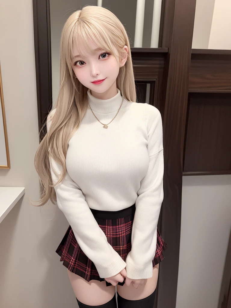 Super high quality, super high definition, super detailed, masterpiece, 20 years old, female, cute, nice body, perfect face, beautiful, white knit sweater, winter clothes, pleated skirt, red and black checked skirt, long skirt,necklace, bracelet, knee-high socks, boots, double eyelids, tear bags, fingers. Detailed, photo-like description, indoors, dim indoor lighting, blonde hair, pony tail,standing, whole body, composition that shows the whole body, smiling,