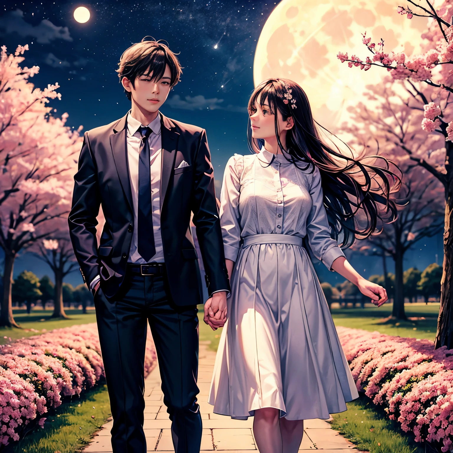 women and men, couple, On the way home from work, hold hands,Let's hold hands and go home together, Beautiful cherry blossom tree background, night, full moon