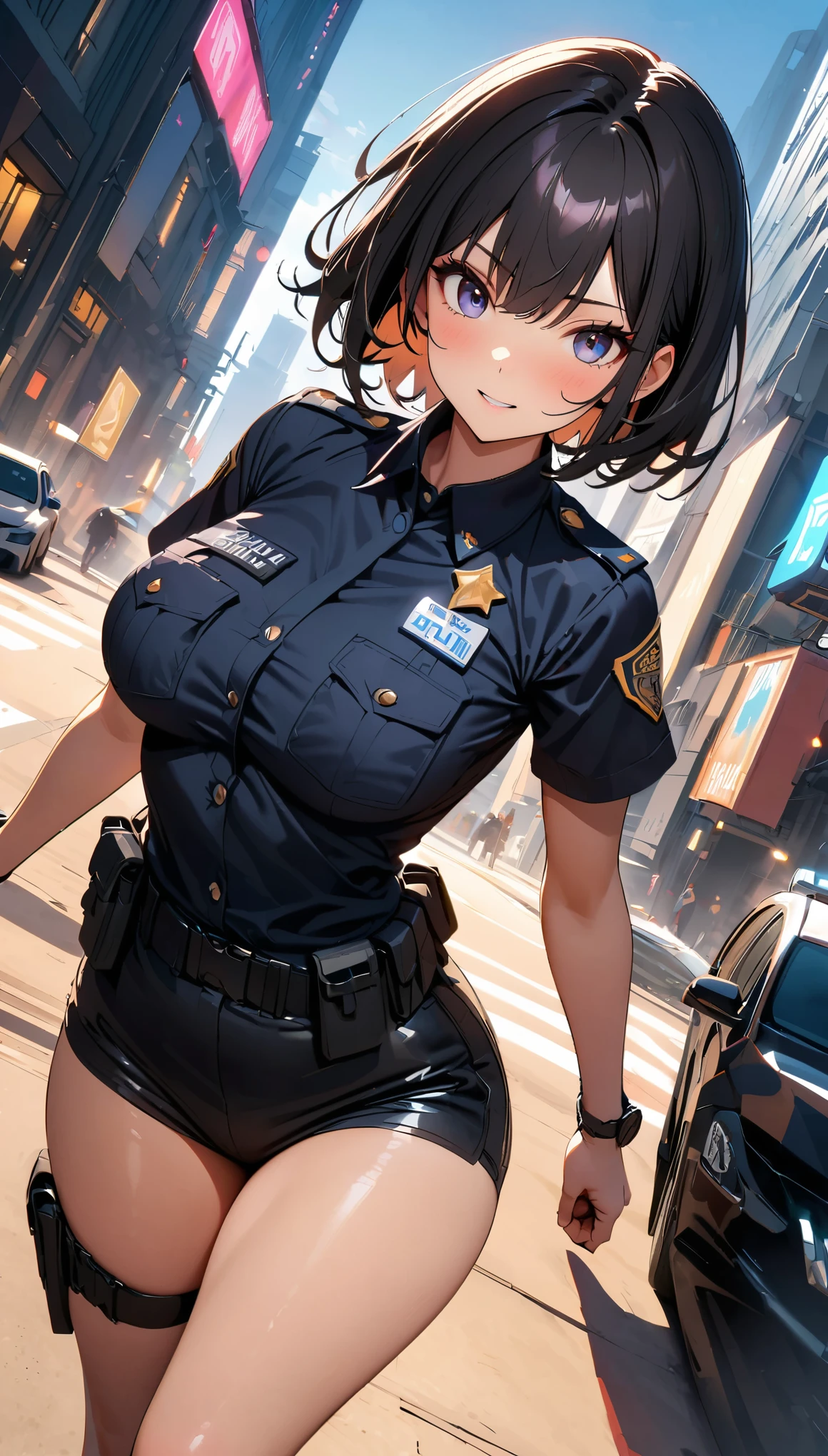 Beautiful Chinese female police officer (exuding maturity and authority), (wearing a super short police uniform with exposed armpits), fitted to highlight her sculpted figure and reveal her toned arms, she raises her arms above her head in a triumphant pose, reinforcing her commanding presence, while she squats with her legs spread apart, portraying strength and resilience, all set against the backdrop of is a bustling metropolis at dusk, with the city's skyline illuminated by the setting sun. This top quality, high resolution image is a masterpiece, featuring intricate details, caustic effects and detailed