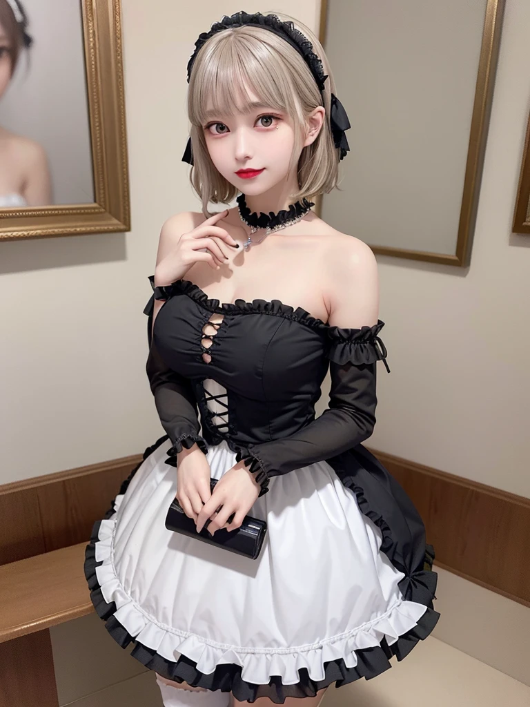 (8K, Photorealistic, Raw photo, of the highest quality: 1.3), (1girl in), Super beautiful, (Realistic face), (boyish, Silver Color Berry Shorthair), Beautiful , Glare that captivates the viewer, Beautiful expression, Beautiful breasts, (Realistic skin), Be...Super high quality, super high definition, super detailed, masterpiece, 20years old, female, cute, perfect face, beautiful, gothic lolita clothes, gothic lolita fashion, frilly skirt, headdress, necklace, bracelet, knee-high socks, boots, double eyelids, tear bags, Detailed down to the fingers, photo-like description, indoors, dim indoor lighting, blonde hair, semi long, standing, whole body, composition that shows the whole body, smiling