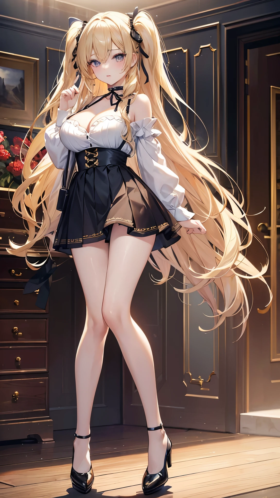 highest quality、masterpiece、超A high resolution、(Photoreal:1.4)、1 girl、blonde、Full body Esbian、big and full breasts、super exposed cleavage、erotic、erotic expression、choker、double eyelid、Loose and fluffy perm、medium long hair、、mini skirt、jk ribbon、thin, skinny clothes、Perfect five-finger、perfect legs、