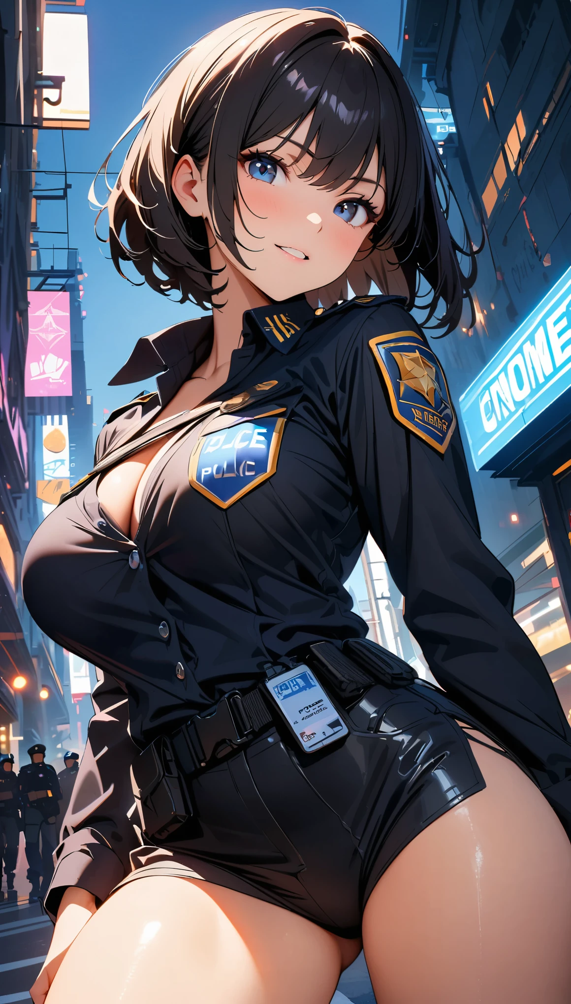(high quality, 8k, 4k, high contrast, masterpiece:1.2, best quality, best aesthetics), (dynamic angle), Sexy female police officer, Detailed face and body, Beautiful breasts, confident look, (black hair, short hair), Shiny black uniform, Tactical belt with equipment, Glossy Badges and Name Tags, Carrying a small handgun, Standing in a dynamic pose, dutch angle, Flashing police car lights against cityscape background,