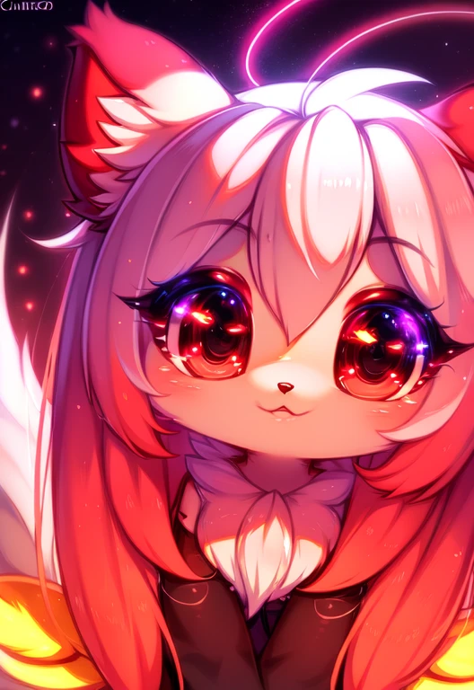 furry, white fur, ultra cute face,ultra long eyelashes, red elements on fur, glowing t-shrt, beautiful lights and shadows, ambient light, ultra detailed fur, ,neon highlights, chiaroscuro, masterpiece, epic, ultra HD, intricate