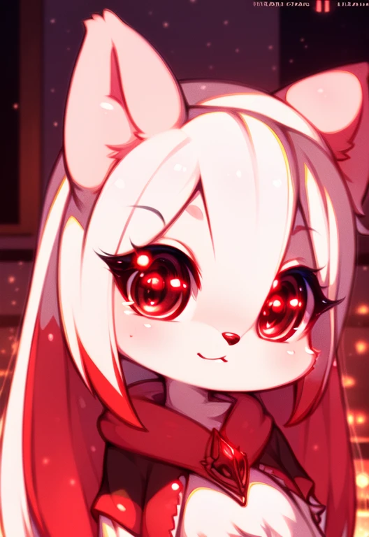 furry, white fur, ultra cute face,ultra long eyelashes, red elements on fur, glowing t-shrt, beautiful lights and shadows, ambient light, ultra detailed fur, ,neon highlights, chiaroscuro, masterpiece, epic, ultra HD, intricate