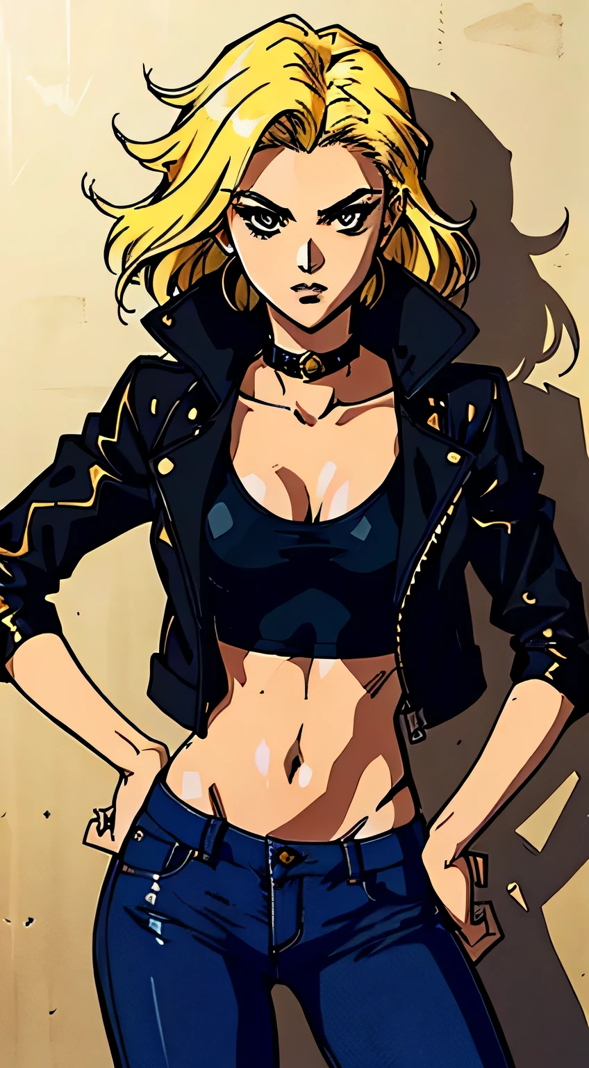 Beautiful woman with messy blonde hair, Oval face, Sensitive features, Slender eyes that showed cunning., She wore a slim-fitting leather jacket that was primarily black with yellow accents., Along with a worn brown jacket with a furry collar on top., Her lower half wore dark blue jeans., She stood casually with her hands on her hips., The character designs reflect a punk style smuggler inspired by Japanese anime designs., The artwork features intricately detailed character designs., Featuring a Japanese manga art style for adults., ((character concept art)), Drawing the whole character, high definition, best quality, very detailed, very delicate, Anatomically correct, Symmetrical face, ดวงตาและใบหน้าที่very detailed, High quality eyes, creativity, raw photos, UHD, 8k, (natural light, professional lighting:1.2, movie light:1.5, best shadow), (Masterpiece:1.5)