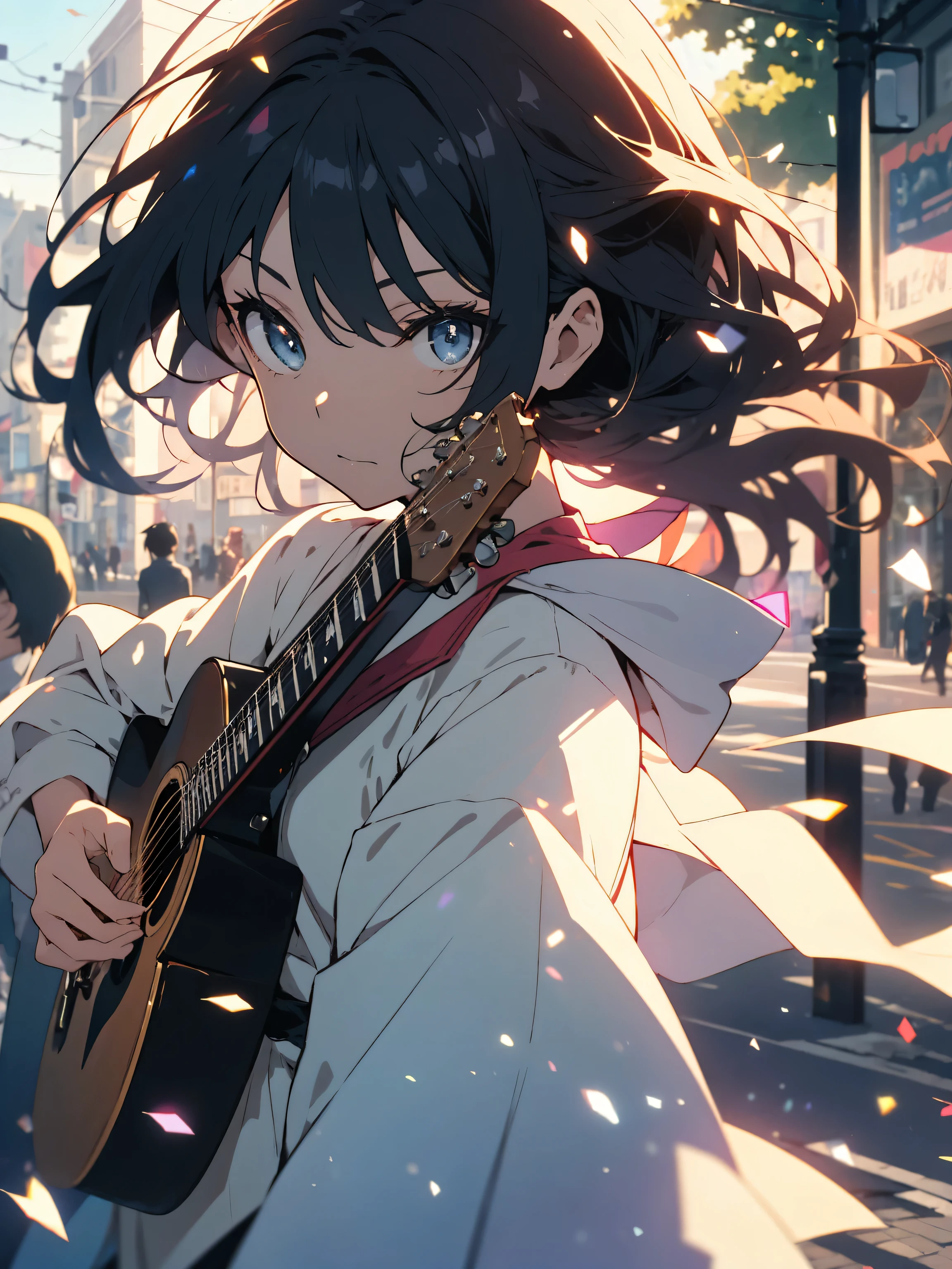 (highest quality、masterpiece、High resolution、detailed)、(Shining eyes、detailed beautiful face)、anime style, super fine illustration, highly detailed, dynamic angle, beautiful detailed, 8k, In spring, at a street corner, BREAK a woman with an acoustic guitar performs live. Her folk songs, carried by the gentle spring breeze, reach the hearts of passersby. BREAK The music, warm and hopeful, heralds the beginning of a new season., BREAK.