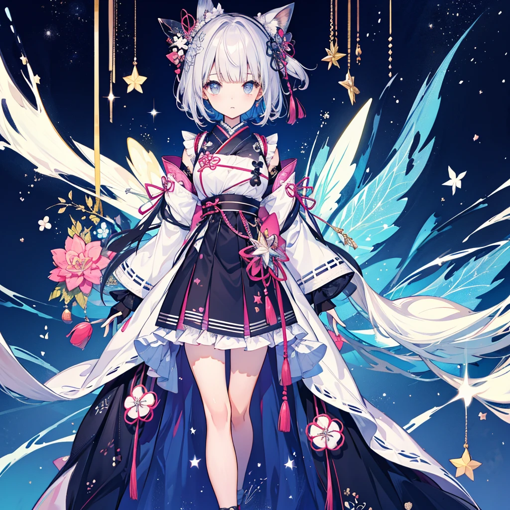 highest quality、8K,handsome face、vtuber-halfbody、A picture of the front straight towards the viewer、Star Fairy、Full body front portrait、front、1girl,highest quality、masterpiece、official art、Super detailed、super beautiful、Cute Star Fairy、gray short hair、Milky Way、universe、star charm、star、、Knee-high boots、Japanese pattern dress、A beautiful girl wearing black and white clothes that are a remake of a yukata.、Oiran frill dress reminiscent of universe、belly button、pleated mini skirt、