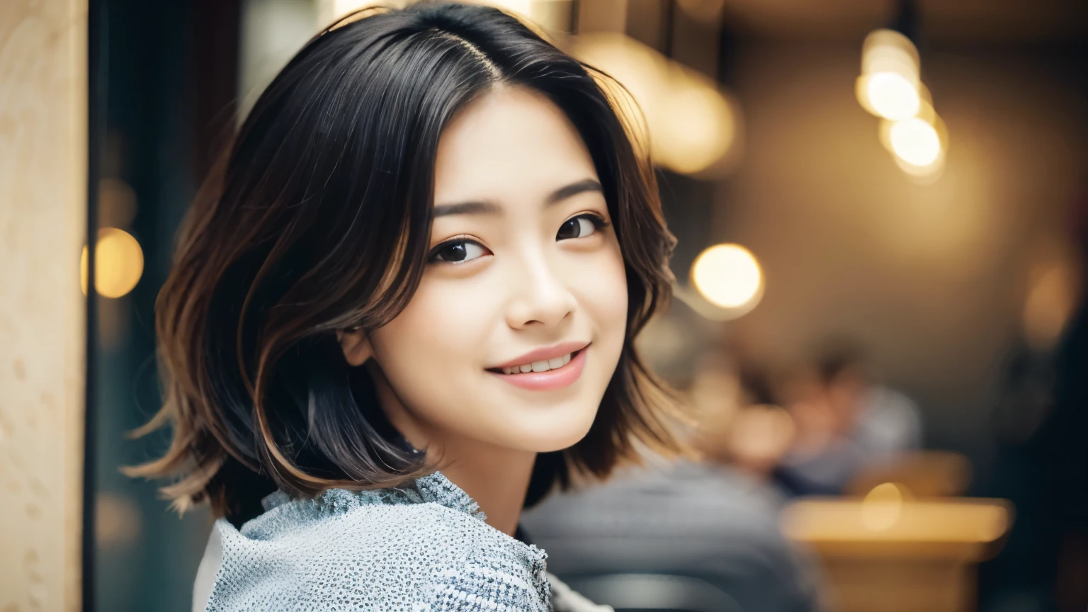 Photographed at a cafe in New York,realistic, surreal, cinematic lighting, 32k, 1 girl, look up, Backlight, (bright light:1.2), (Improvement of quality:1.4), (Highest quality realistic textured skins:1.4), fine eyes, detailed face, shy smile, close up of face, short hair, blouse, (Enhances the beauty of skin texture:1.1), matte texture,Inside the cafe, beauty salon model