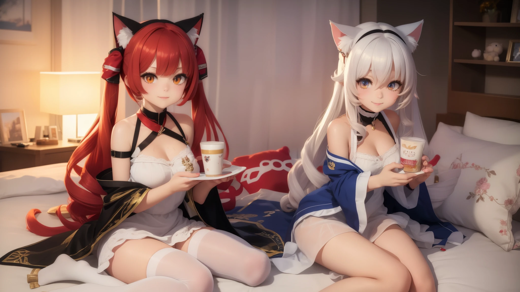 cute loungewear,fun,stuffed toy,Drink milk,anime girl, one girl,small details, 4k, 8K, 12k,beautiful girl, white woman, , Cat ear, luxury room,bed,red hair,(((highest quality))),((detailed and beautiful eyes)),(eyelash),smile,anime girl, azur lane style, From the Azur Lane video game, Trending on Art Station Pixiv, very beautiful anime cat girl, Cat earのanime girl, splash art anime , It&#39;s trending on pixiv, anime moe art style((best quality)),((very detailed))