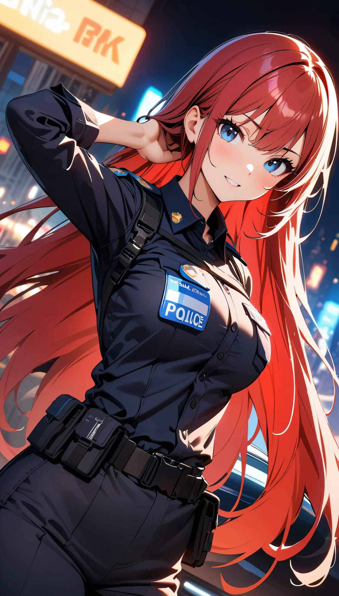 (high quality, 8k, 4k, high contrast, masterpiece:1.2, best quality, best aesthetics), (dynamic angle), Sexy female police officer, Detailed face and body, Beautiful breasts, confident look, (Red hair, long hair), Shiny black uniform, Tactical belt with equipment, Glossy Badges and Name Tags, Leaning against a police car, Standing in a dynamic pose, dutch angle, Flashing police car lights against cityscape background,