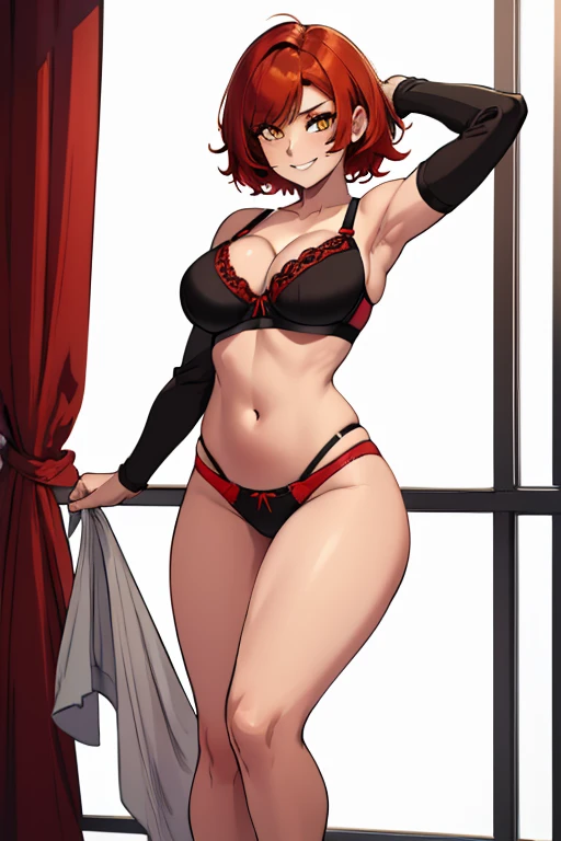 female, red short hair with yellow highlights, orange eyes, (((1girl))), (((black bra with red trim))), (fiery red panties), cute and sexy, large breasts, large butt, full body, long legs, smiling
