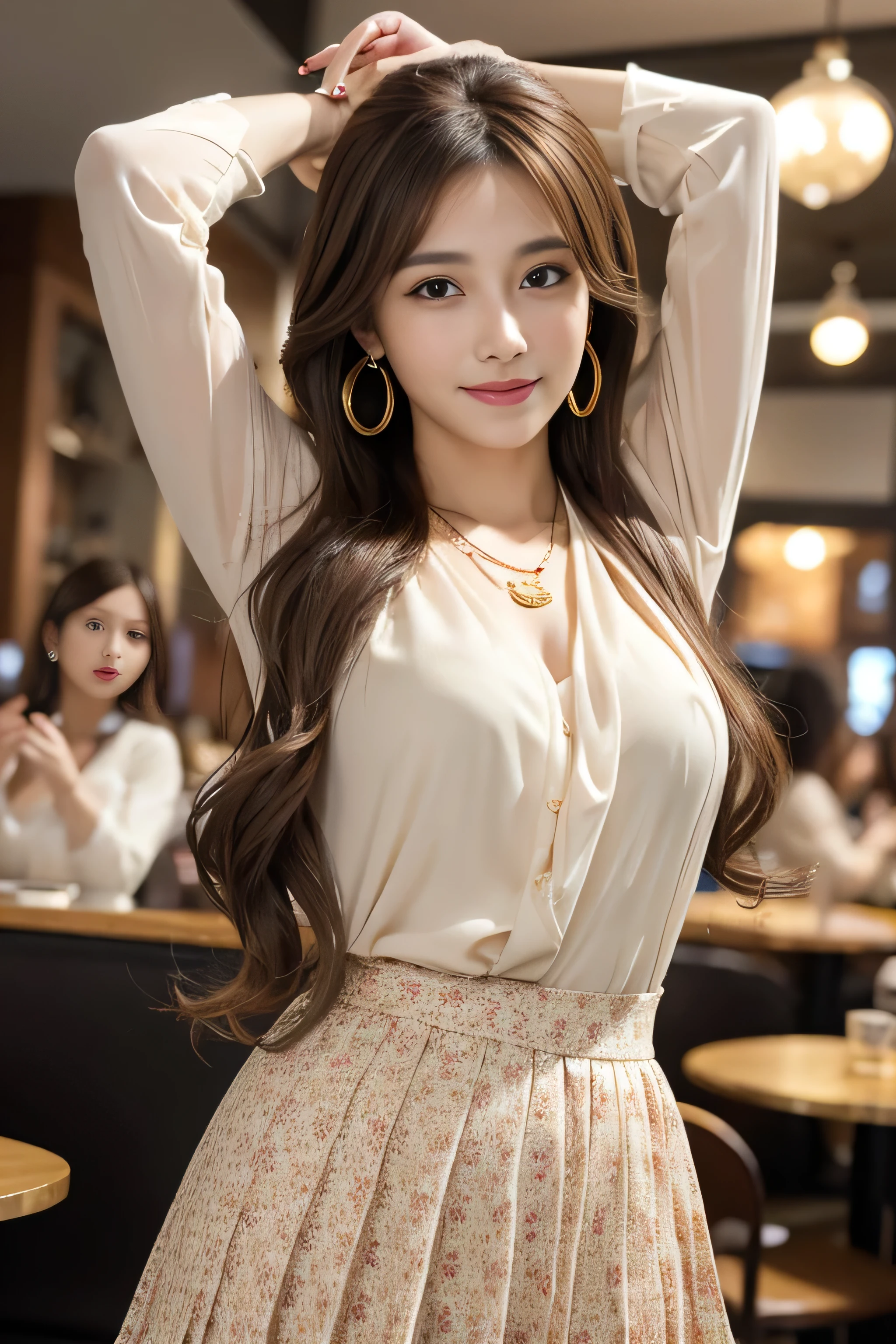 Panty shot、whole body、field, highest quality, realistic, Super detailed, down to the last detail, High resolution, 4k wallpaper, Beautiful woman,, light brown hair, wore a suit, perfect dynamic composition, beautiful and delicate eyes, delicate hair, Round face model body type、mini skirt、droopy eyes,shy smile,Floral blouse、Blouse with ribbon、fancy orange and white printed dress, Pleated skirt with lots of checked pleats、((Super long brown hair:1.2))((Hair with loose waves inside:1.2)),((shy smile:1.3)),((gold necklace_Large earrings:1.2)),fullbody shot、((full figure supermodel standing, entire body in frame))、((arms up:1.5)),((In a crowded café at dusk:1.3))