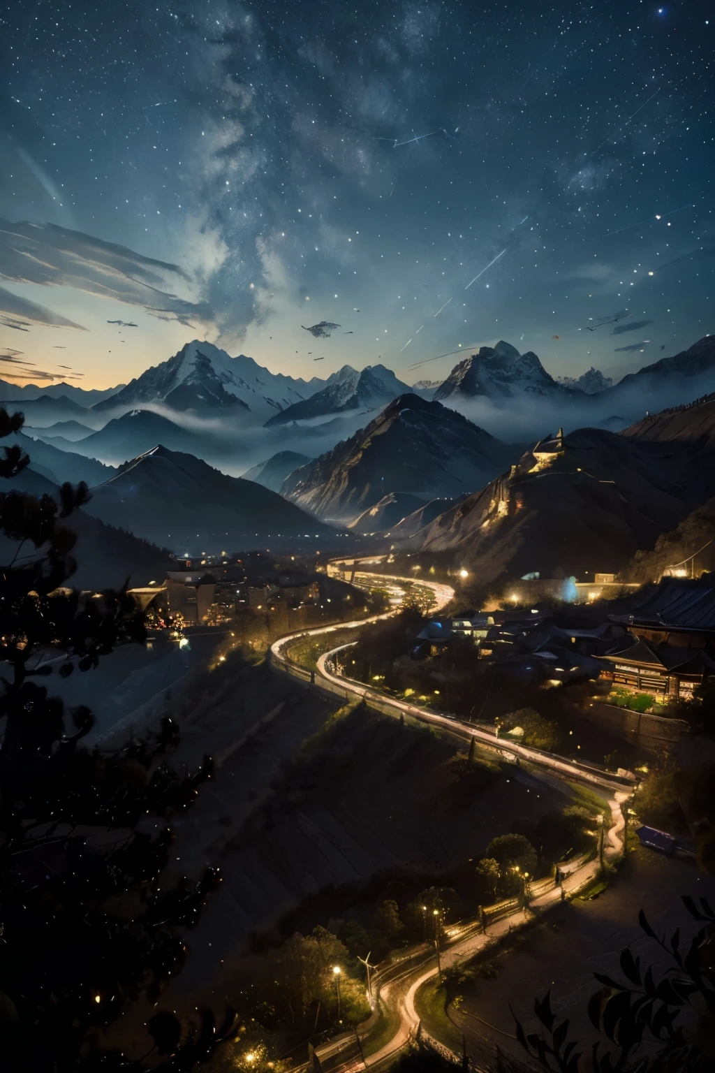 (masterpiece, best quality, highres:1.4), a fantasy chinese city between mountains, starry night sky in which dragons are roaming