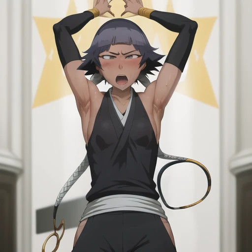 ( Animation screenshots:1.1),outdoor,
1 girl, alone, black hair, side breasts,eternal, short hair with long locks, japanese clothing, - Hip vents, no underwear,short hair, small breasts, (white eyes:1.1),No eyeballs, Also available in black, No headwear,low double braids,Face the audience, looking at the audience, tired, from below, (Show armpits:1.1), ((Armpit:1.2)), Sexy, Sweat dripping, More and more sweat,(ahegao), (Roll your eyes), naughty face, blush, open mouth, Sticking out tongue, saliva, sloppy person,Runny nose,skinny, raise arms, (arms above head:1.5)