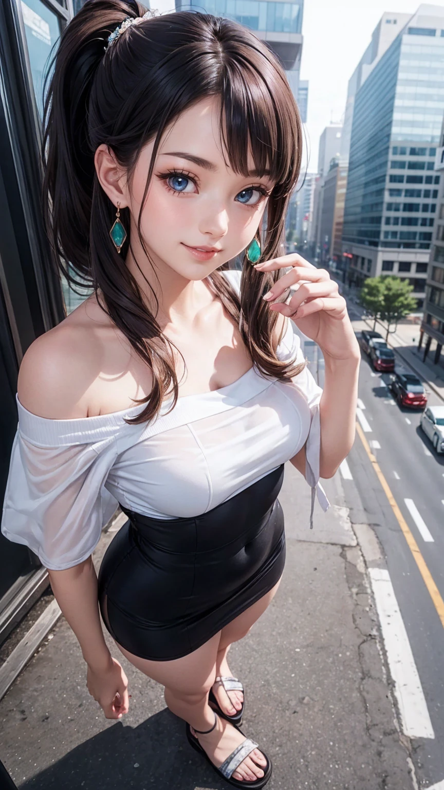 High resolution、Super detailed、(1 girl:1.3)、complex architecture、lush garden、Designing images using the fisheye effect、Capture a wide field of view with a unique curved perspective、panoramic cityscape、Creating elevation-aware rooftop views in urban environments、smile、cleavage
