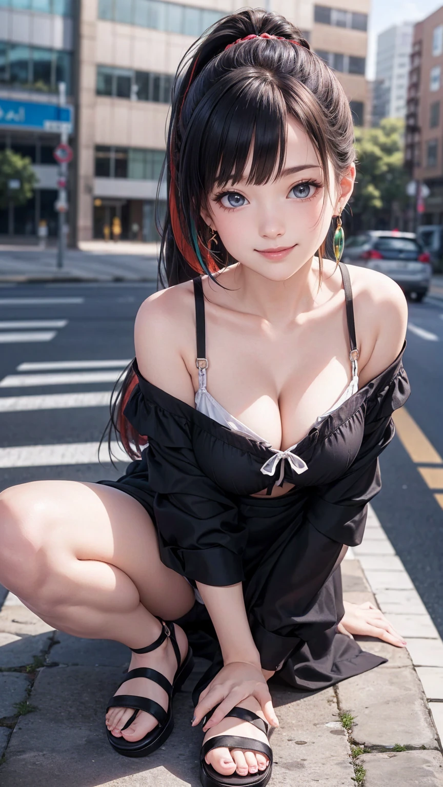 最high quality, 8K, masterpiece: 1.3, Ultra HD, high quality, 最high quality, High resolution, realism)) 、25 year old white woman、brunette、blue eyes、long hair、smile、slender、slenderだがアスリートのような細マッチョ、I don't want my head to disappear from the screen.、Wear accessories on your wrist、Wearing red nail polish、I have a peticure、aerial perspective((atmospheric perspective))、smile((smiley))、background blur((depth of field)、Wear a sheer, off-the-shoulder bodycon top、wear sandals、have a clutch bag、Skyscraper background、Waiting for a traffic light at an intersection、crystal earrings((crystal earrings))、inner color((colored inner hair))、long hair ((long hair))、dark blonde、Bangs at the parting((parted bangs))、Folded ponytail((folded ponytail))