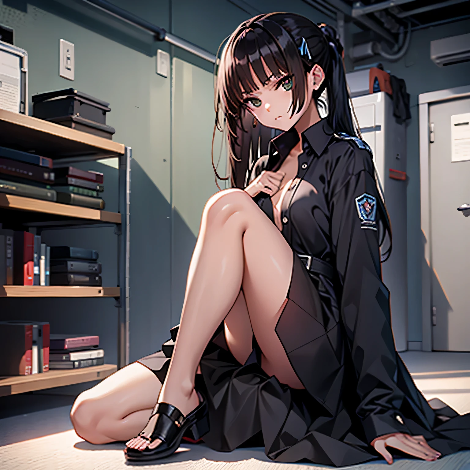 最high quality、best image quality、masterpiece、woman((cute、black haired、Black dress shirt、medium breasts、chest is open、Slender、troubled face、sitting on the bed))high quality、Depth of the bounds written、With background((nice and clean room.))