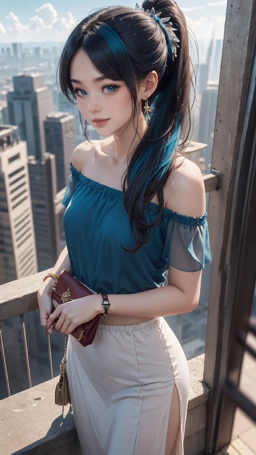 最high quality, 8K, masterpiece: 1.3, Ultra HD, high quality, 最high quality, High resolution, realism)) 、25 year old white woman、brunette、blue eyes、long hair、smile、slender、slenderだがアスリートのような細マッチョ、I don't want my head to disappear from the screen.、Wear accessories on your wrist、Wearing red nail polish、I have a peticure、aerial perspective((atmospheric perspective))、smile((smiley))、background blur((depth of field)、Wear a sheer, off-the-shoulder bodycon top、wear sandals、have a clutch bag、Skyscraper background、Waiting for a traffic light at an intersection、crystal earrings((crystal earrings))、inner color((colored inner hair))、long hair ((long hair))、dark blonde、Bangs at the parting((parted bangs))、Folded ponytail((folded ponytail))