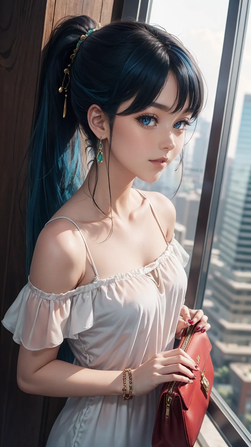 最high quality, 8K, masterpiece: 1.3, Ultra HD, high quality, 最high quality, High resolution, realism)) 、25 year old white woman、brunette、blue eyes、long hair、smile、slender、slenderだがアスリートのような細マッチョ、I don't want my head to disappear from the screen.、Wear accessories on your wrist、Wearing red nail polish、I have a peticure、aerial perspective((atmospheric perspective))、smile((smiley))、background blur((depth of field)、Wear a sheer, off-the-shoulder bodycon top、wear sandals、have a clutch bag、Skyscraper background、Waiting for a traffic light at an intersection、crystal earrings((crystal earrings))、inner color((colored inner hair))、long hair ((long hair))、dark blonde、Bangs at the parting((parted bangs))、Folded ponytail((folded ponytail))
