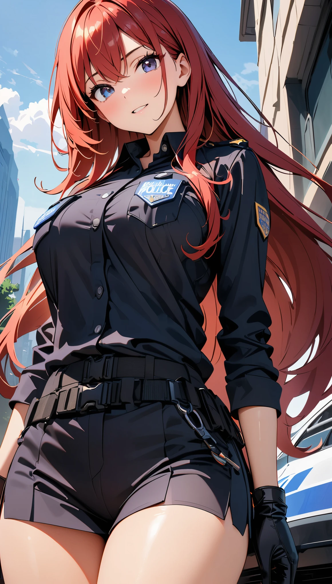 (high quality, 8k, 4k, high contrast, masterpiece:1.2, best quality, best aesthetics), (dynamic angle), Sexy female police officer, Detailed face and body, Beautiful breasts, confident look, (Red hair, long hair), Shiny black uniform, Tactical belt with equipment, Glossy Badges and Name Tags, Leaning against a police car, Standing in a dynamic pose, dutch angle, Flashing police car lights against cityscape background,