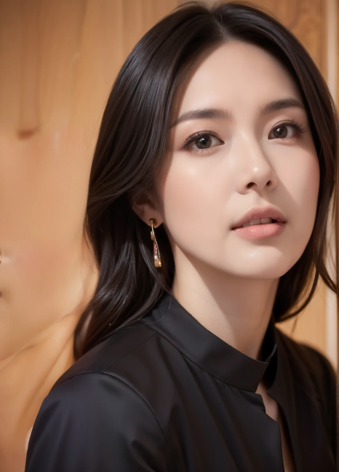 ((HDR,1080P,16K,High resolution,realistic skin texture,realistic,intricate detailed:1.5)),Wang Zuxian,Joey Wong,ear pendants,blush,necklace,lipstick,((light smile:1.3)),elegance,delicate face,perfect face,black hair,(looking at viewer), facing the viewer,D-Cup breasts,36D,slim waist,long hair,sleeveless dress,close-up face,portrait,in the room,warm light,1990s style photography,film filter