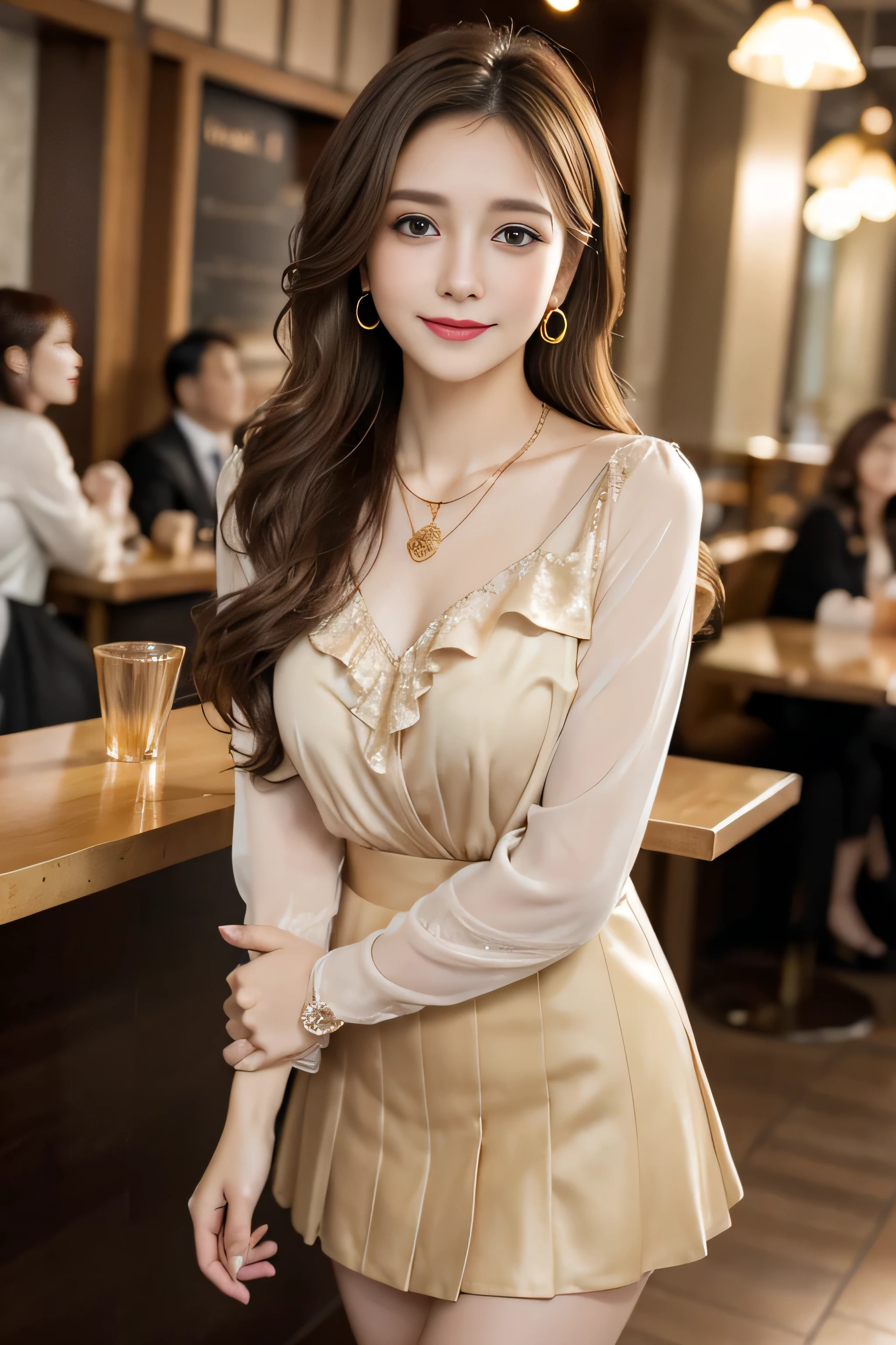 Nchira、whole body、field, highest quality, realistic, Super detailed, down to the last detail, High resolution, 4k wallpaper, Beautiful woman,, light brown hair, wore a suit, perfect dynamic composition, beautiful and delicate eyes, delicate hair, Round face model body type、mini skirt、droopy eyes,shy smile,Floral blouse、Blouse with ribbon、fancy orange and white printed dress, Pleated skirt with lots of checked pleats、((Super long brown hair:1.2))((Hair with loose waves inside:1.2)),((shy smile:1.3)),((gold necklace_Large earrings:1.2)),fullbody shot、((full figure supermodel standing, entire body in frame))、((In a crowded café at dusk:1.3))((salute:1.3)),