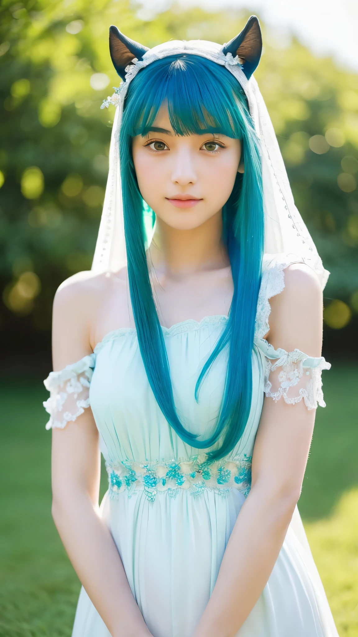 ((masterpiece, highest quality)),(figure),(detailedlight),((very delicate and beautiful)),1 girl,godolphin arabian,long hair,blue hair,green eyes,horse ears,Uma Musume,hair_ornament,white dress, bare shoulders, ,No sleeve,evening dress,long dress,outdoor, light,blue sky, horizon, grassland, wild