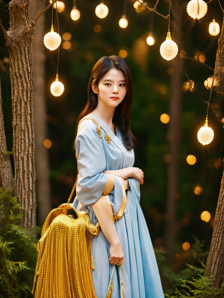 Face of han so hee, a masterpiece ultra realistic ultra detailed portrait of a beautiful girl in incredible golden armor. baroque renaissance. in forest. medium shot, intricate, elegant, highly detailed. trending on artstation, digital art, by stanley artgerm lau, wlop, rossdraws, james jean, andrei riabovitchev, marc simonetti, yoshitaka amano. background by james jean and gustav klimt, light by julie bell, 4 k, porcelain skin.