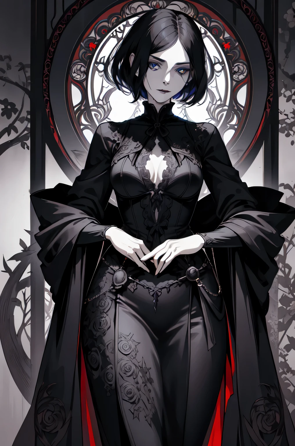 Basic Art Nouveau style,Black hair blue eyes vampire woman,short hair,(upper body portrait),young,(((oval face))),dark clothes,Soft and melancholy face,Exquisite,No wrinkles,gothic style,A mix of synthwave and art nouveau,Bold and smooth lines,Dynamic composition of organic Art Nouveau patterns,Intricate roses and patterns intertwined with geometric shapes,Characters that embody vampires,Mysterious gothic atmosphere,Feminine but calm expression,Art Nouveau patterned robe,Digital grid landscape featuring natural forms,Neon-like outline effect reminiscent of stained glass,White background,high contrast,Easy to color,Visual clarity,French Art Nouveau,80s vaporwave art style。Maximum detail,