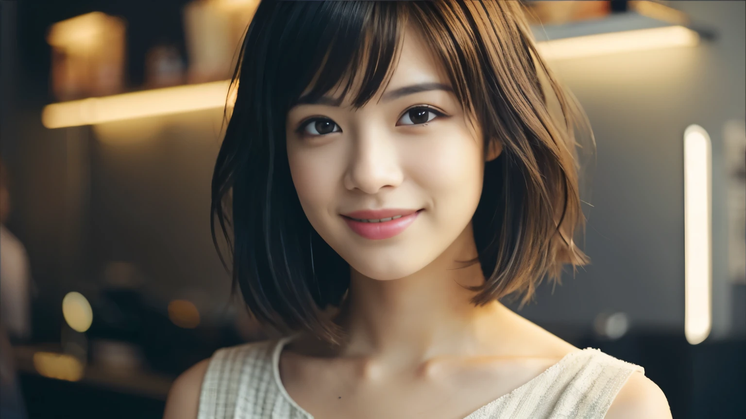 Photographed at a cafe in New York,realistic, surreal, cinematic lighting, 32k, 1 girl, look up, Backlight, (bright light:1.2), (Improvement of quality:1.4), (Highest quality realistic textured skins:1.4), fine eyes, detailed face, shy smile, close up of face, short hair, blouse, (Enhances the beauty of skin texture:1.1), matte texture,Inside the cafe, beauty salon model